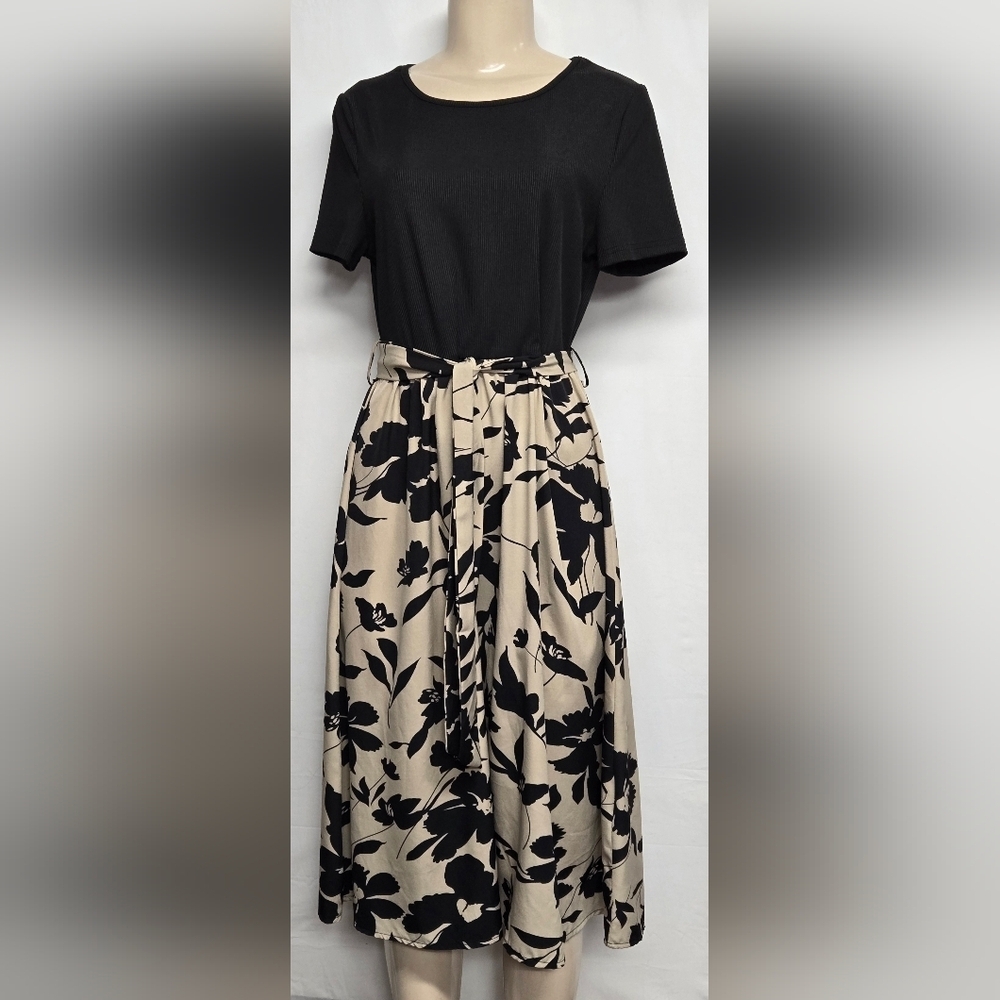 Shein Belted Midi Dress 12 Floral Short Sleeve Ribbed Black Tan Elastic Waist
